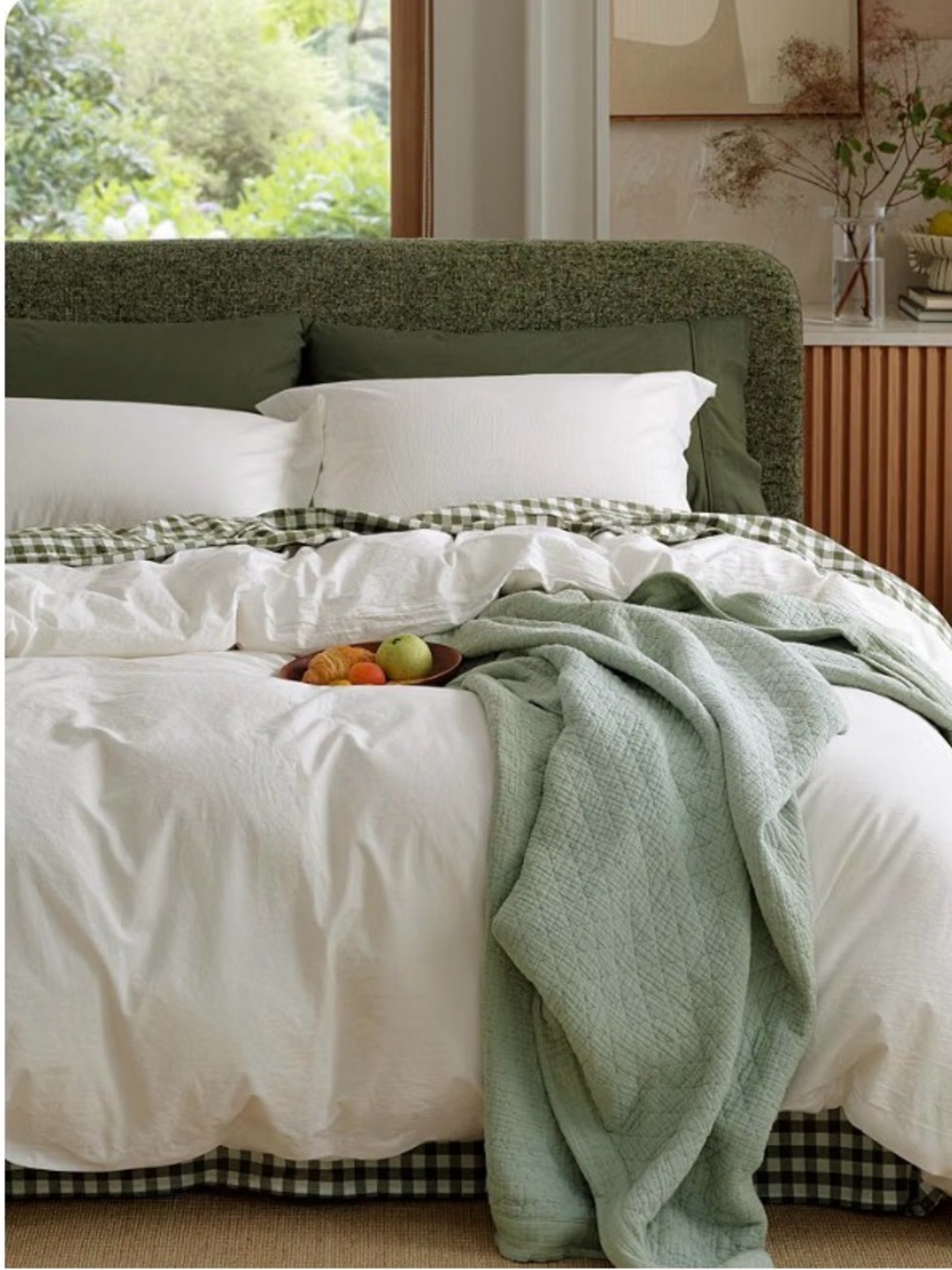 Ivory and Sage 100% Cotton Queen Duvet Cover Set - Washed Percale